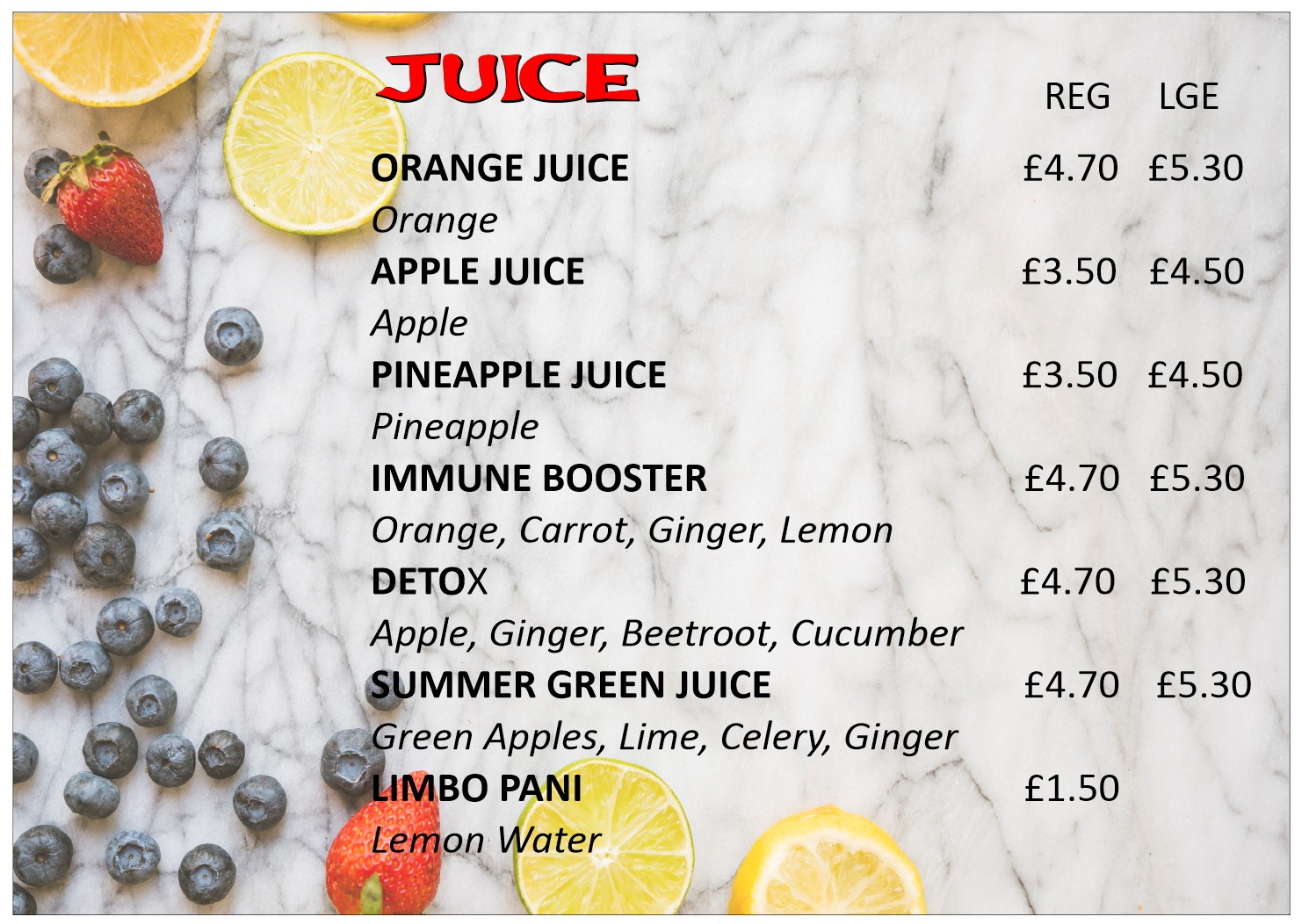 Juicy Vibes Ltd | Menu
